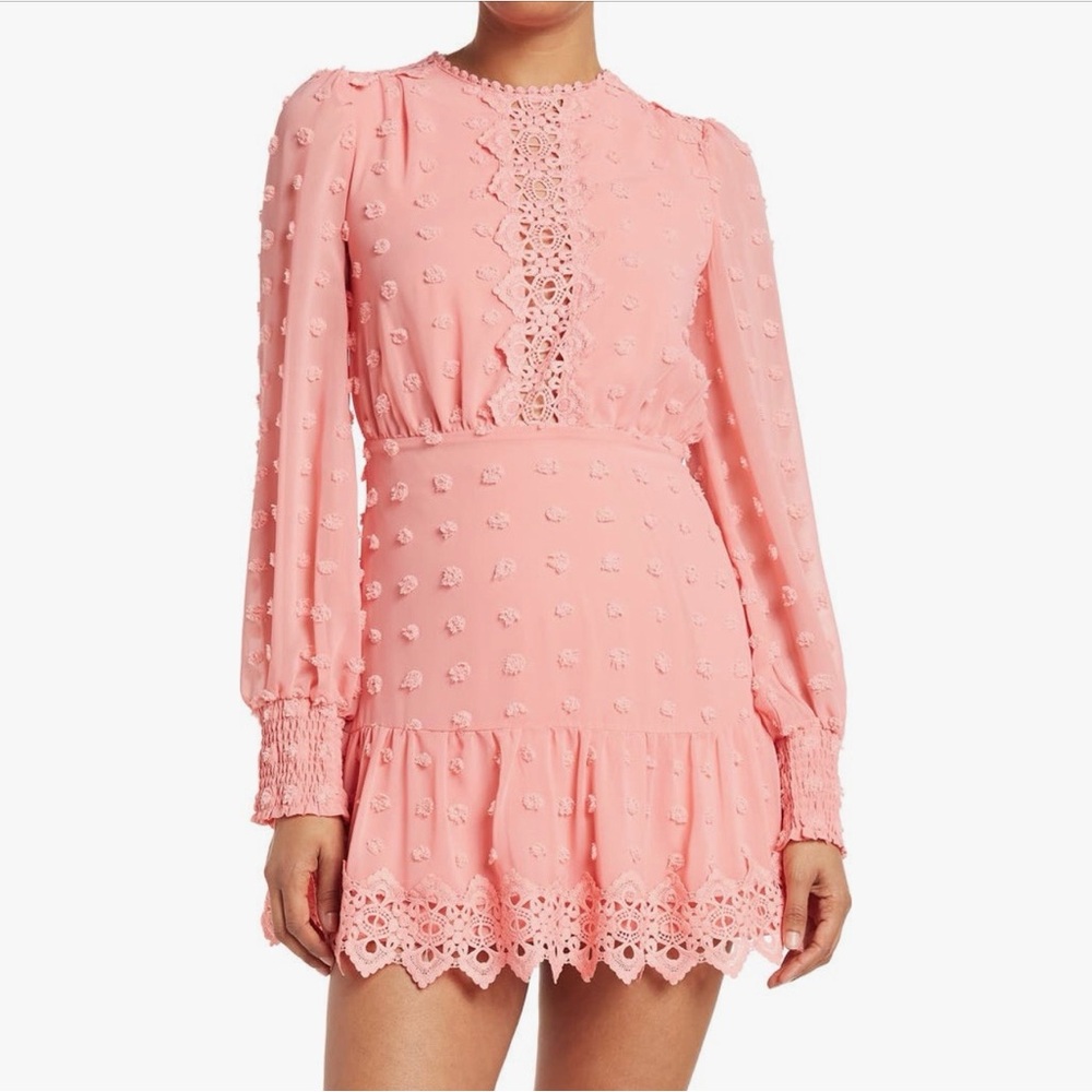 NWT Love By Design Rina Swiss Dot Lace Trim Mini Dress Pink Long Sleeve Medium